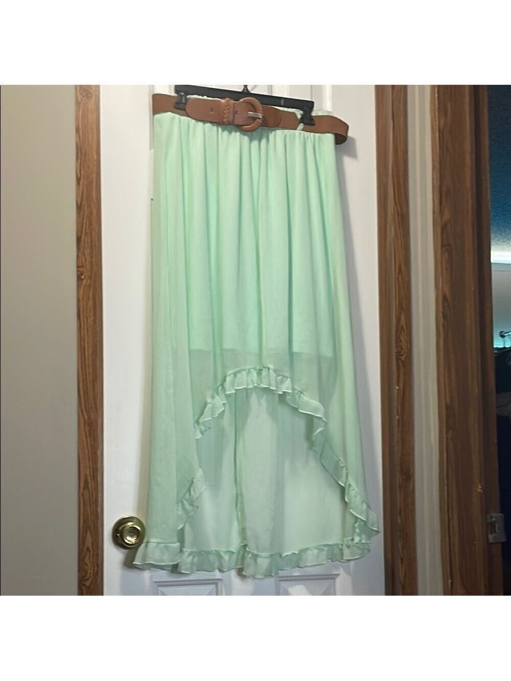 No Boundaries Mint Green A-Line Midi Skirt High-Low Casual with Belt